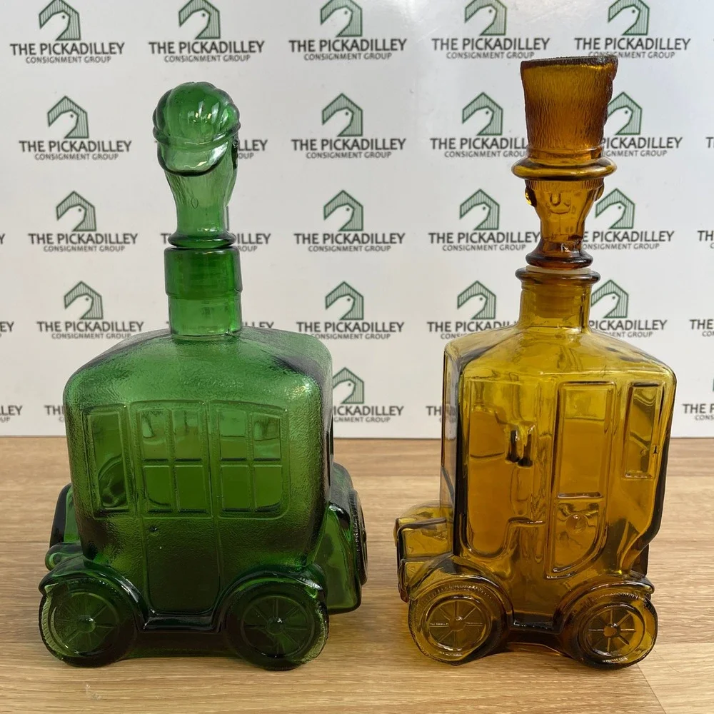 Vintage Glass Decanter Set Green Amber Carriage Car Driver Top Hat Taiwan 2pc